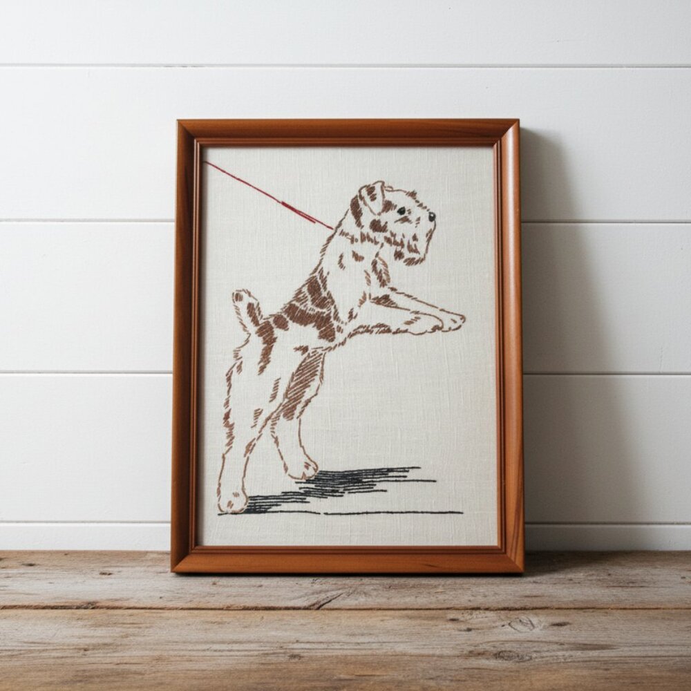 1940s-50s Vintage Framed Terrier Needlepoint Art Wire Fox Terrier Dog Embroidery